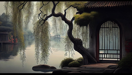 中式手绘江南风景图片
