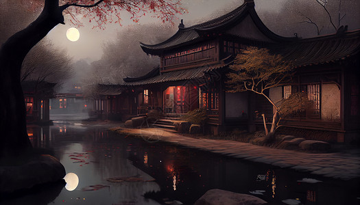 江南夜景手绘中式背景图片