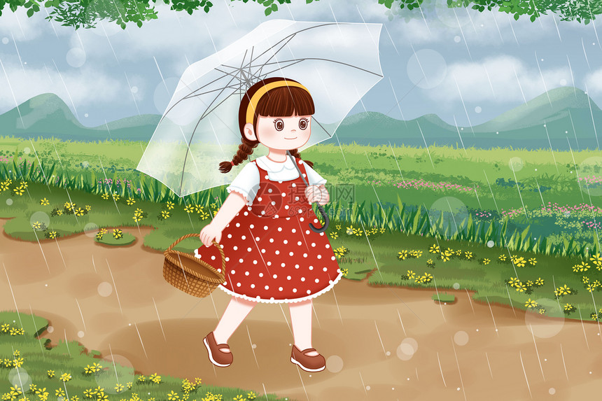 下雨天小路上的女孩图片