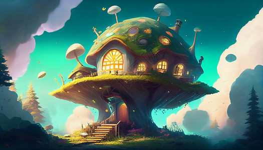 蘑菇房子梦幻风景背景图片