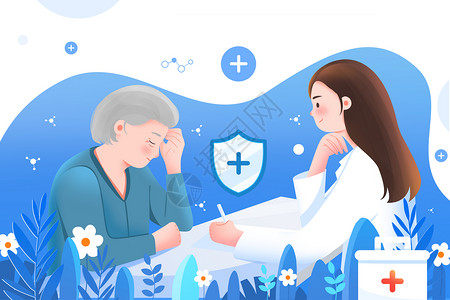 医疗生命健康健康医疗头痛的老年妇女坐在医生面前摸头插画