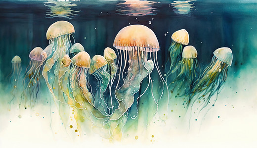 色彩手绘3D水母背景图片