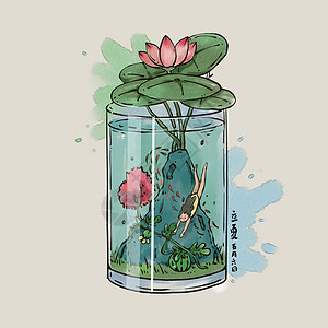 植物造景水彩风立夏夏至玻璃鱼缸造景插画