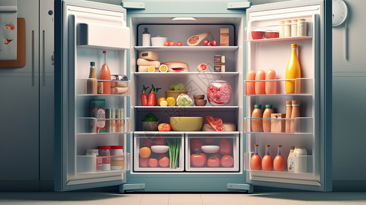打开的冰箱双开门放满食物的冰箱插画