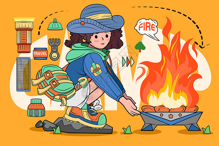 女孩蹲在地上烤火露营矢量插画图片