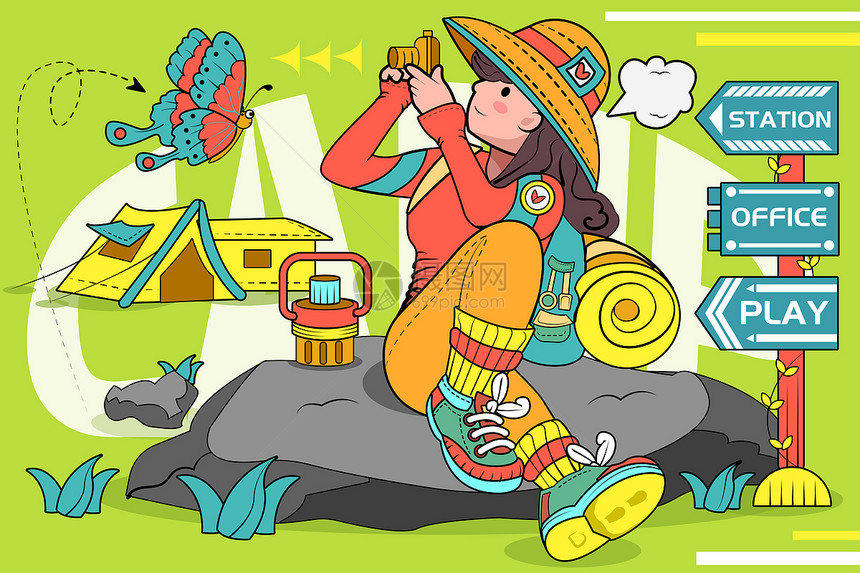 女孩戴着帽子拿着相机坐在石头上野外露营矢量插画图片
