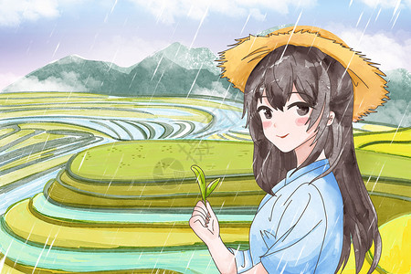 雨色中梯田谷雨时节雨中手拿秧苗的女孩插画