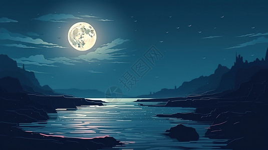 水边夜景夜晚江边的月亮插画