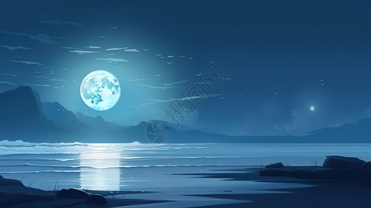水边夜景月亮在夜晚的江边插画