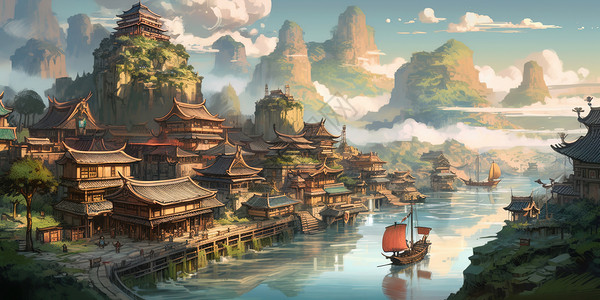 亚洲第一高瀑布中国古代城市插画