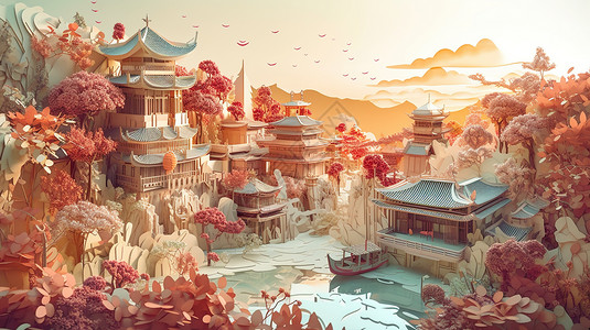 粉色闪耀光芒光芒下的中国建筑插画