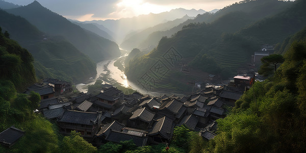 清晨中的山间景色背景图片