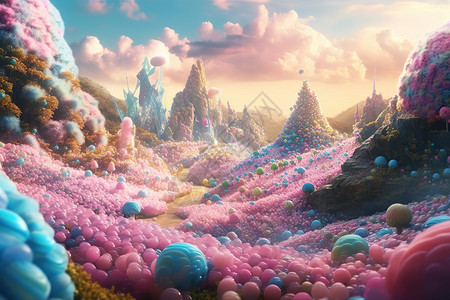 粉色球球铺满山谷背景图片