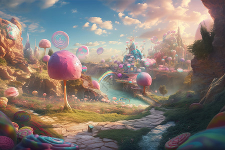 大粉色圆球童话世界里的风景插画