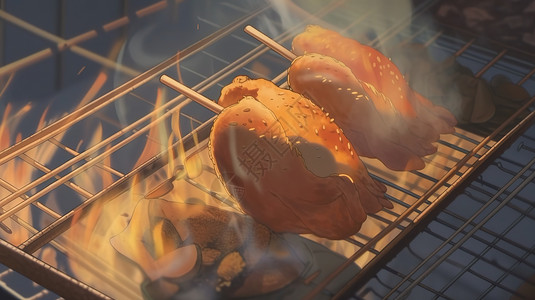 火焰鸡烤炉上的烤鸡插画