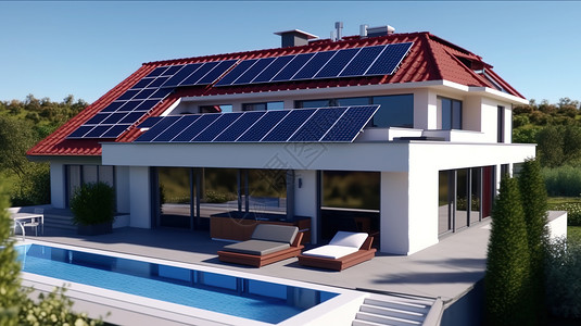 湖景豪宅装着太阳能的豪宅插画