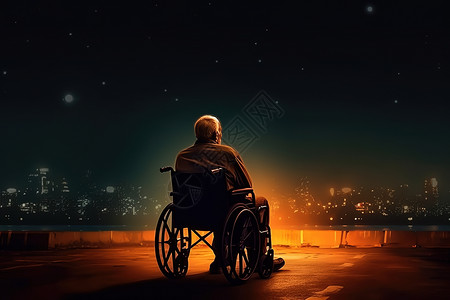 夜晚坐在轮椅上的老人背景图片