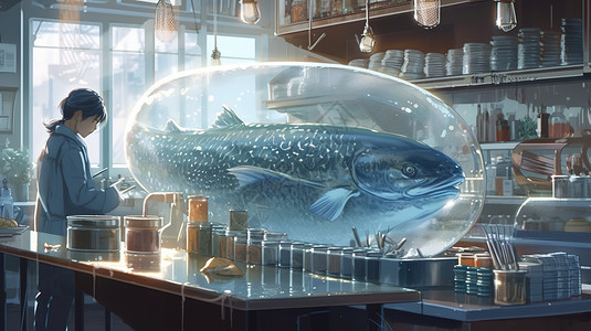 厨房玻璃厨房里的大型鱼插画