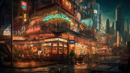 香港夜景热闹的街道拐角插画