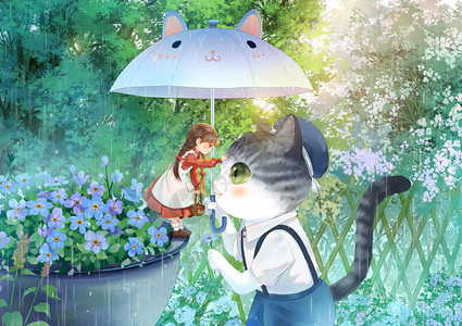 草本植物勿忘我治愈插画给小女孩撑伞的猫猫插画