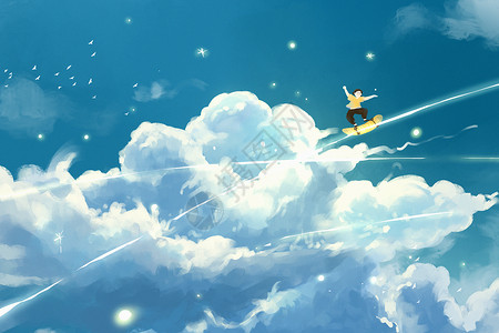 立夏夏天天空云朵滑板男孩治愈系插画背景图片