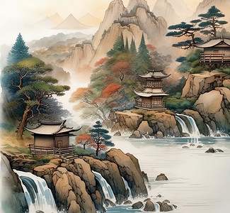 山水建筑风景画背景图片