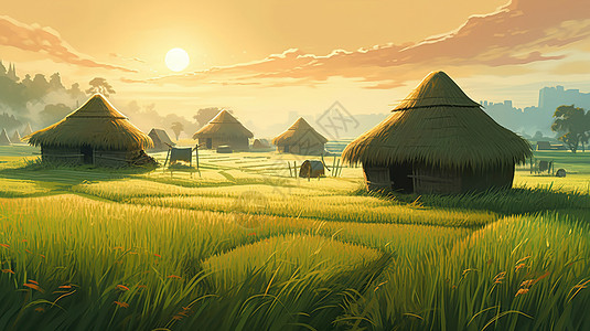 夏天小满节气绿色水稻田野村落场景风景背景图片