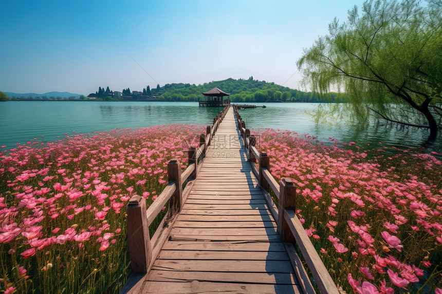 湖面木桥风景图片