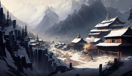 冬天大寒节气中国乡村俯视村落场景风景背景图片