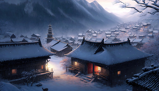 冬天大寒节气夜晚中国乡村古建筑场景图片