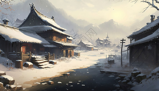 冬天小寒节气中国乡村雪景场景风景图片