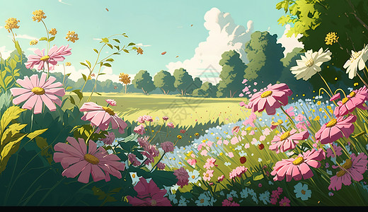 夏天立夏节气野花盛开的草地天空风景场景背景图片