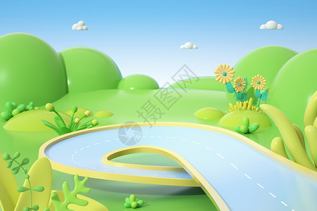 弯曲水路春季公路场景设计图片