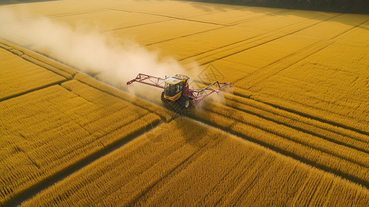 在一片农田喷洒农药的拖拉机背景图片