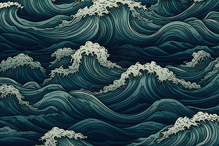 蓝色水浪汹涌的惊涛骇浪图画插画
