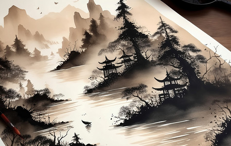 中国风水墨烟雨黑白湖水插画