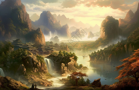 群山中的人间仙境背景图片