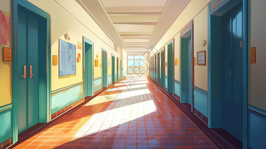 学校门手绘明亮教室走廊插画