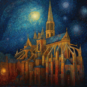 梵高夜空星空下的教堂插画