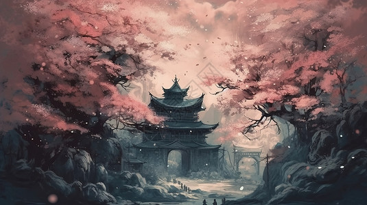 中国寺城门外的桃花插画