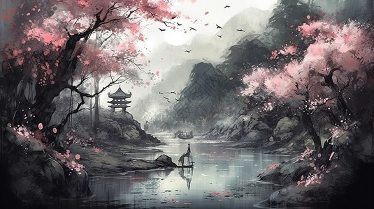古代城门国风浪漫的湖水与桃花插画