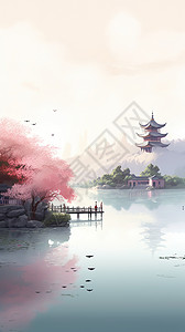 桃树下的湖水背景图片