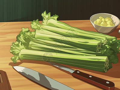 案板蔬菜手绘案板上的芹菜图片插画