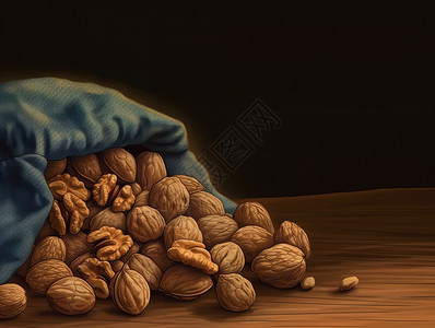 散落咖啡豆手绘散落的蓝色布兜的核桃图片插画