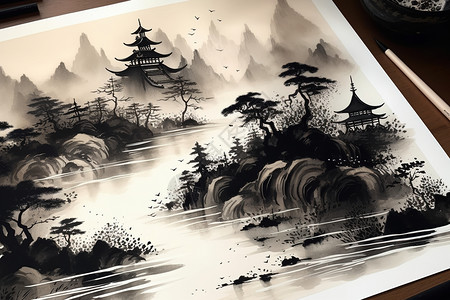 山水中国传统水墨背景图片