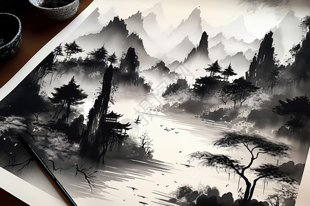 梦幻山水中国传统水墨艺术背景图片