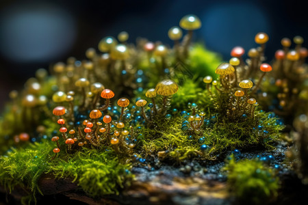 带露水的蘑菇苔藓小蘑菇和水插画