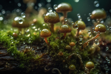 近距离的苔藓小蘑菇和水背景图片