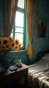 阳光下窗边的向日葵背景图片