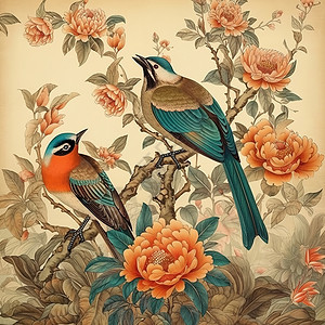 国风花朵与鸟背景图片